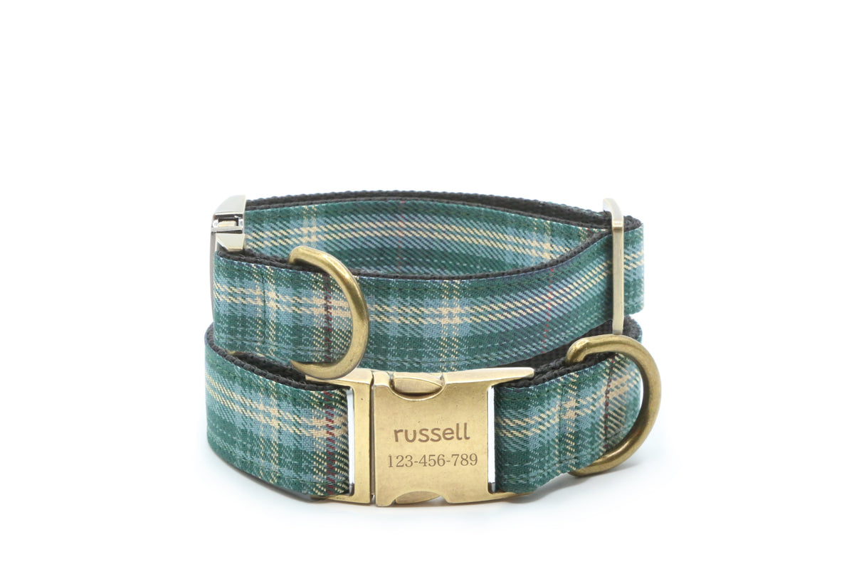 Vintage Green Teal Plaid Dog Collar